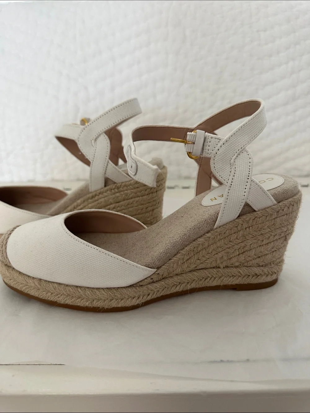 Cole Haan White Espadrille Wedge Sandals with Ankle Buckle